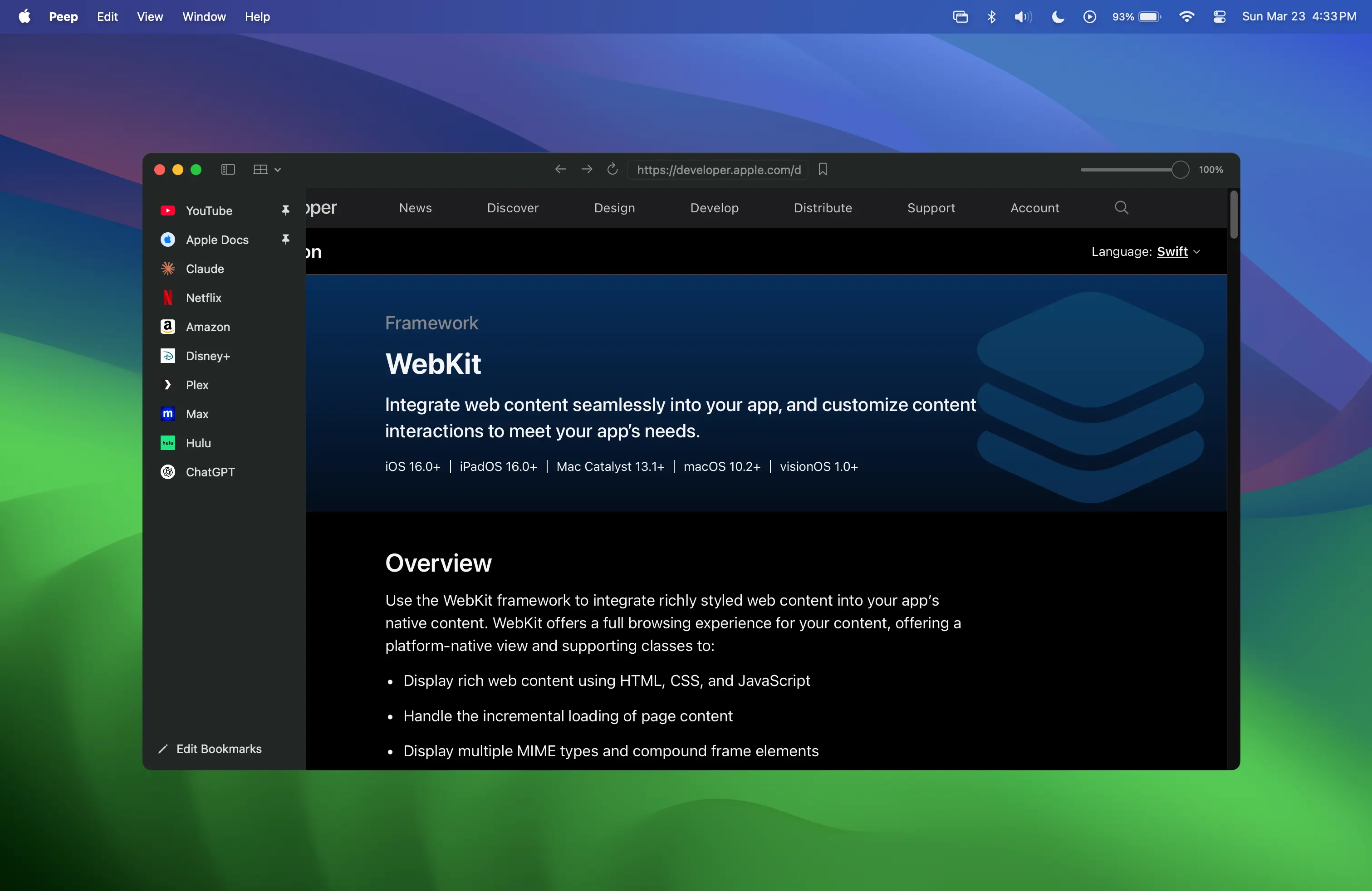 Peep sidebar with bookmarks